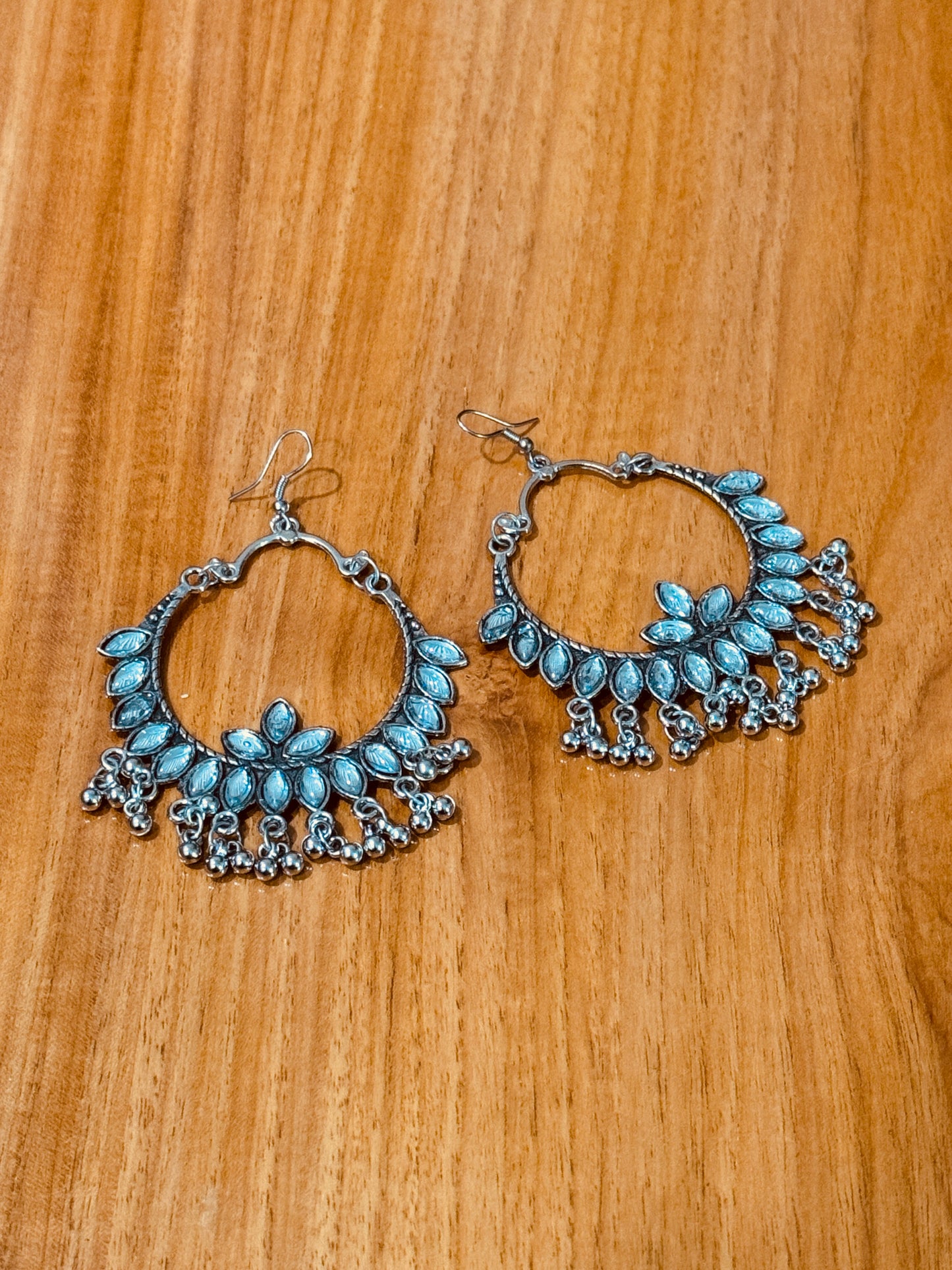 Silver Leaf Hoop Earrings with Ghungroo
