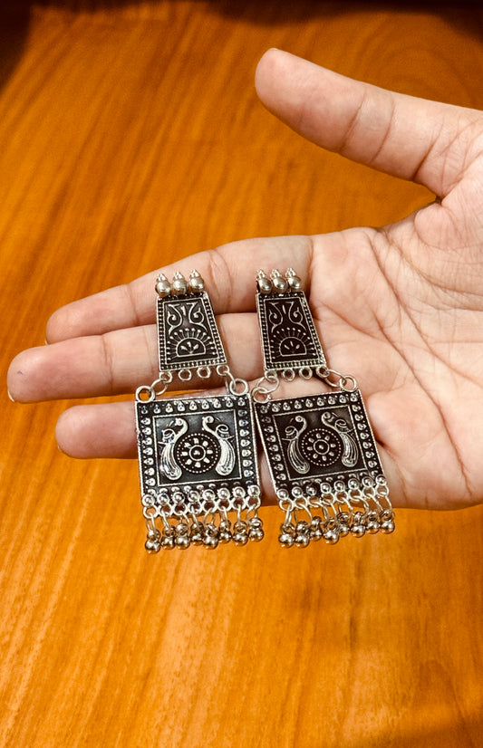 Oxidized Silver Geometric Jhumka Earrings