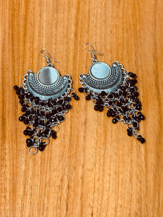 Silver Mirror Chandbali with Black Beads